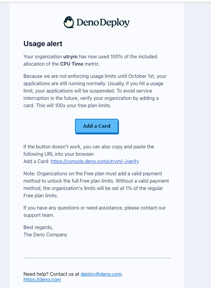 Deno Deploy usage alert email
